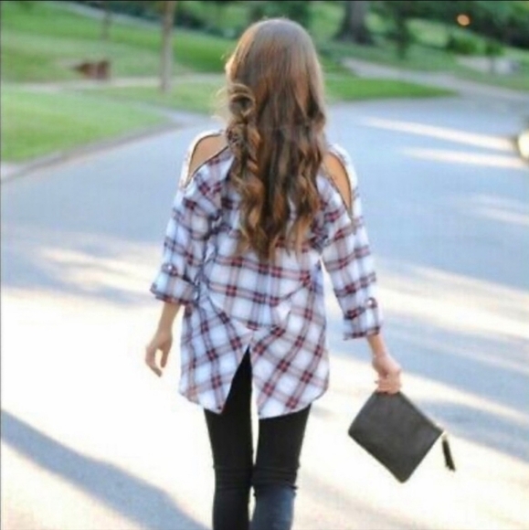 Sam Edelman Riley Plaid Zippered Cold Shoulder Tuxedo Split Hem Button Down Top - Picture 1 of 14